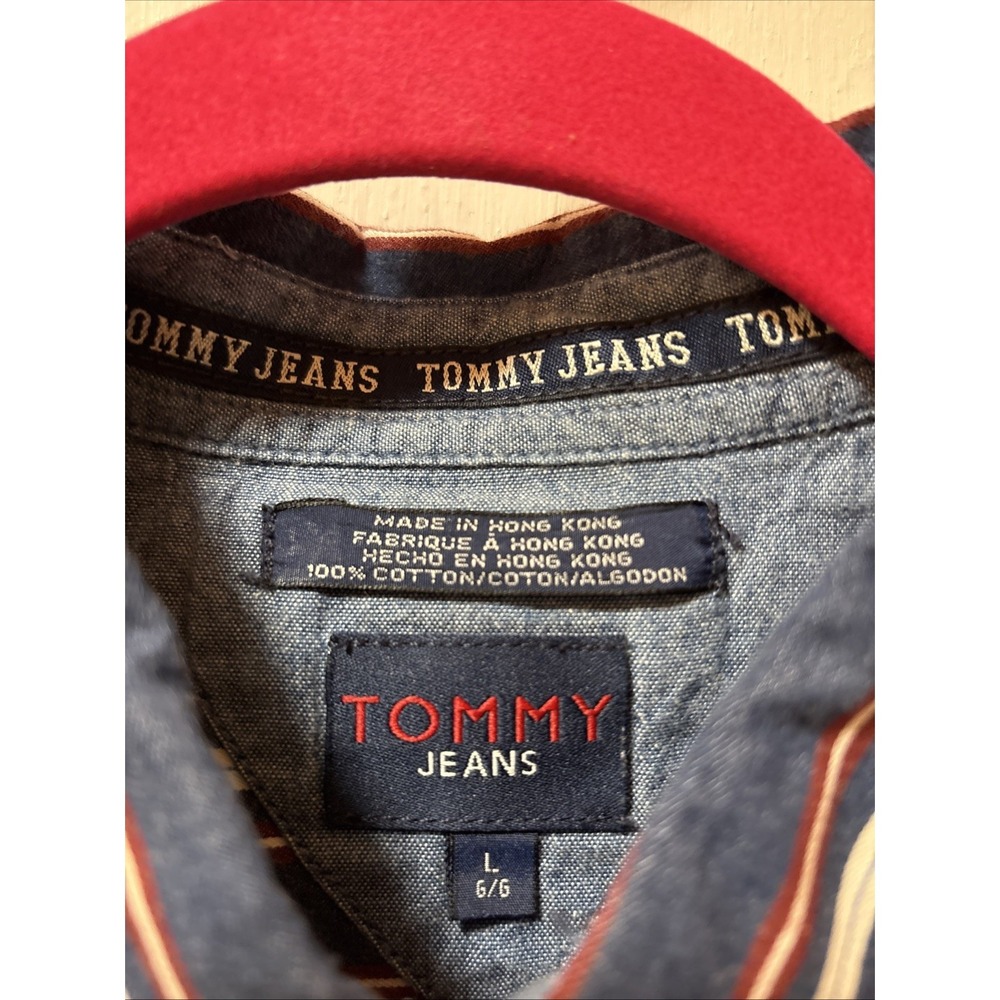 Tommy jeans long sleeve button-down blue white maroon stripe large 100% cotton - Picture 3 of 6